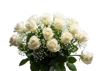 A beautiful bouquet of white roses with delicate baby s breath isolated on transparent background