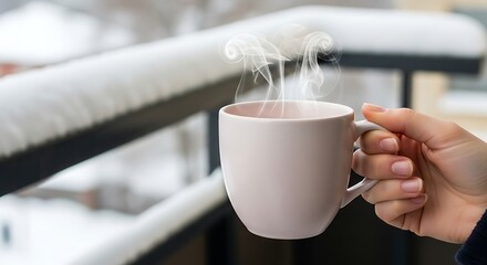 Cozy Winter Warmth - Steaming Mug in Snowy Setting.