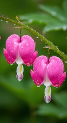 Macro of pink bleeding heart flowers with water drops on green blurred background
