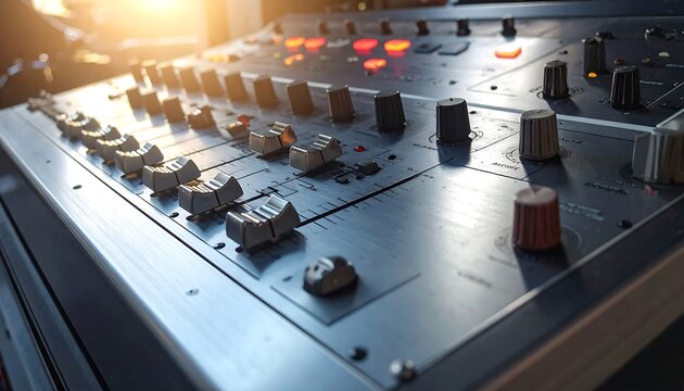 Professional Audio Mixer Console with Knobs and Faders in a Studio Setting.