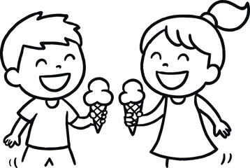Happy cartoon children enjoying delicious ice cream cones on a sunny day