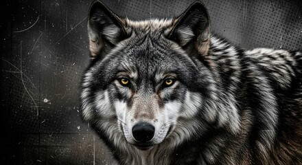 A powerful gray wolf with a captivating stare, its wild spirit captured in a dramatic close-up wildlife portrait with a textured finish