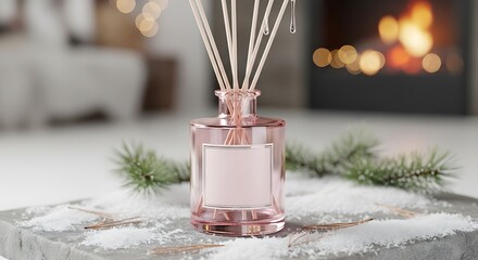 Elegant Pink Reed Diffuser with Winter Decor and Fireplace Backdrop.