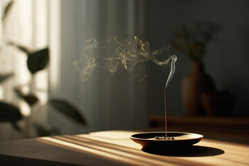 Obraz premium Burning Incense Stick with Rising Smoke in Warm Sunlight