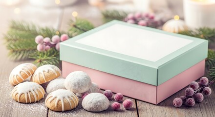 Festive Cookie Box with Powdered Sugar Treats and Holiday Decor.