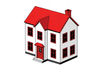 Stylized isometric illustration of a two story house with red roof isolated on transparent background