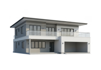 Modern two story residential house with balconies and garage isolated on transparent background