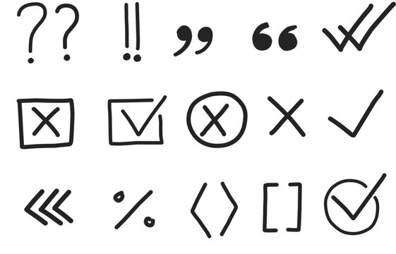 Collection of hand drawn symbols including check marks, crosses, punctuation, brackets, and arrows. Simple black line icons perfect for UI design, notes,vector illustration. 