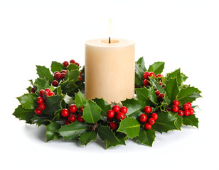 Warm festive glow of a holiday candle amidst a traditional holly wreath, celebrating the peaceful spirit of the season on a bright white background