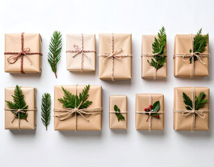 Festive Christmas gifts wrapped in brown paper with green pine needles and red berries, neatly arranged on a white background