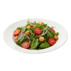 Fresh Green Salad With Cherry Tomatoes Red Onion Croutons And Basil On A White Plate With A Transparent Background