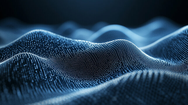 An abstract tech mesh flows with motion blur, creating a dynamic, futuristic visualization of digital networks, energy, and high-speed technological movement.
