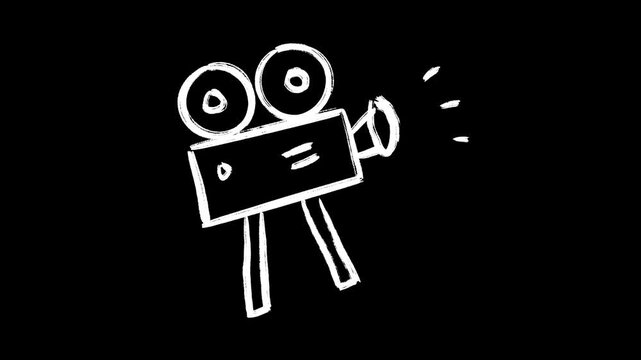 Film Animated Doodle Footage. Looping White Scribble style of Entertainment related animation: Movie Camera, Video Recorder, Vintage Projector, and more. Hand-drawn animation