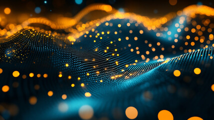 An abstract tech mesh flows with motion blur, creating a dynamic, futuristic visualization of digital networks, energy, and high-speed technological movement.
