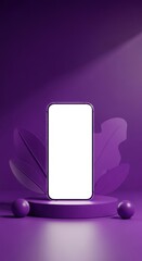 Purple smartphone mockup podium scene blank white screen modern product