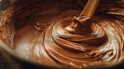 Smooth chocolate batter being stirred in bowl, creating rich and creamy texture under warm lighting. wooden spatula blends ingredients seamlessly, evoking sense of indulgence
