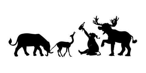 silhouette of funny animal drinking a beer, beer ,deer, dog , elephant ,and monkey set bundle on the white background.
