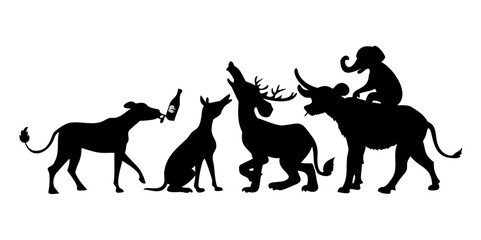 silhouette of funny animal drinking a beer, beer ,deer, dog , elephant ,and monkey set bundle on the white background.
