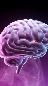 Animated Human Brain Model Rotating with Pink and Purple Hues on Dark Background for Medical Visualization of Brain Anatomy and Neural Activity Showing Brain Lobes and Gyri