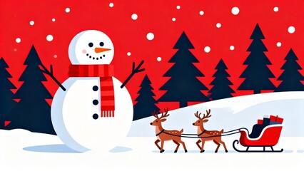 Snowman and reindeer sleigh in winter scene