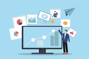 Businessman presenting data and analytics on a computer screen surrounded by charts and icons