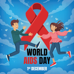 Celebrating Hope And Life On World AIDS Day With A Happy Couple Jumping Towards The Red Ribbon