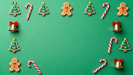 Christmas cookies and decorations on green background