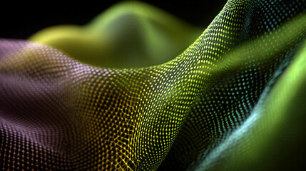 An abstract tech mesh flows with motion blur, creating a dynamic, futuristic visualization of digital networks, energy, and high-speed technological movement.
