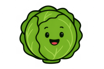 Happy cartoon cabbage character smiling, representing healthy eating and fresh organic vegetarian food with transparent background