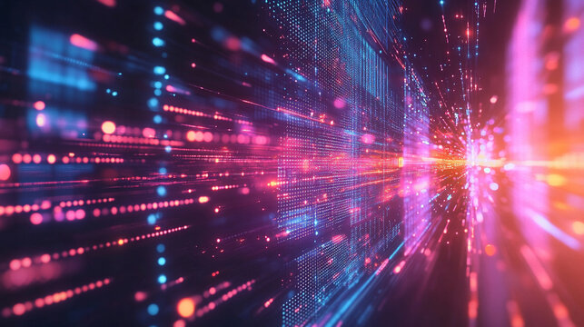 An abstract tech mesh flows with motion blur, creating a dynamic, futuristic visualization of digital networks, energy, and high-speed technological movement.
