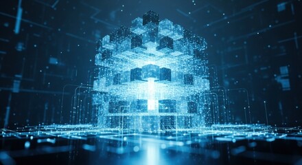 Futuristic digital structure composed of glowing blue cubes and particles representing big data and cloud computing.
