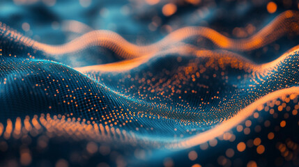 An abstract tech mesh flows with motion blur, creating a dynamic, futuristic visualization of digital networks, energy, and high-speed technological movement.
