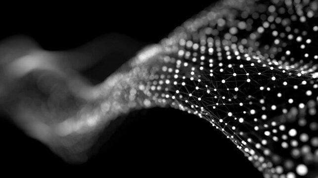 An abstract tech mesh flows with motion blur, creating a dynamic, futuristic visualization of digital networks, energy, and high-speed technological movement.
