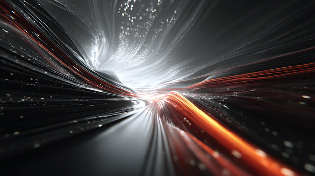 An abstract tech mesh flows with motion blur, creating a dynamic, futuristic visualization of digital networks, energy, and high-speed technological movement.
