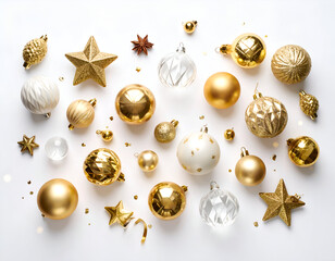 A festive collection of sparkling gold and crystal Christmas ornaments scattered on a white background, evoking a glamorous holiday spirit