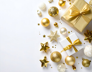 Christmas Gifts and Decorations Golden Presents, Ornaments, and Festive Stars on a White Background