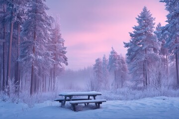 Wooden picnic table covered in snow and frost, surrounded by pine trees in a frozen forest under a soft pink sky at dawn