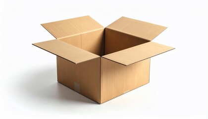 Open cardboard box with flaps unfolded, isolated on a white backdrop for a visual concept