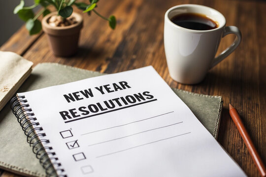 New year resolutions 2026 on desk. 2026 resolutions list with notebook, coffee cup on table. Goals, resolutions, plan, action, checklist concept. New Year 2026 background, copy space. 3d rendering.