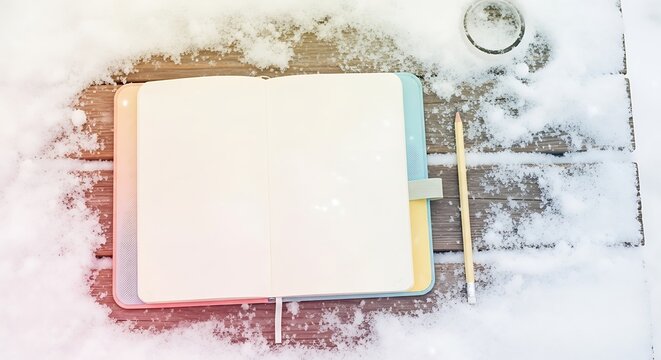 Open notebook and pencil on snowy wooden surface.