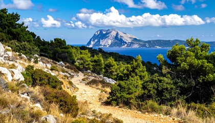 Scenic coastal landscape with lush greenery and mountain views.