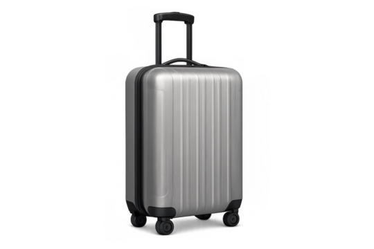 Silver hardside luggage with retractable handle and wheels, ready for travel, business trips, and vacation adventures