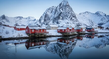 Traditional red fishing huts on stilts reflected in calm water with snowcapped mountains