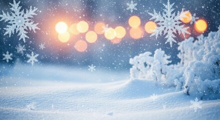 Magical winter wonderland with soft falling snow and glowing bokeh lights creating a festive atmosphere