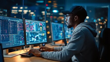 Focused individual analyzing data on multiple screens in a modern office environment at night