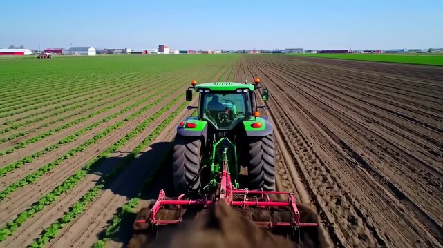 Green tractor plowing a field, rows of crops and farm buildings in the background