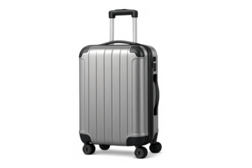 Silver hard-shell luggage with an extendable handle and spinner wheels for travel and vacation on transparent background