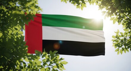 United arab emirates flag waving in the wind behind lush green leaves and bright sunlight