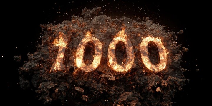 Flames create the number 1000 against a dark background for dramatic effect.