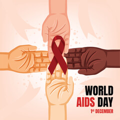 Diverse Hands From Different Races Unitedly Holding The Red Ribbon For World AIDS Day Awareness